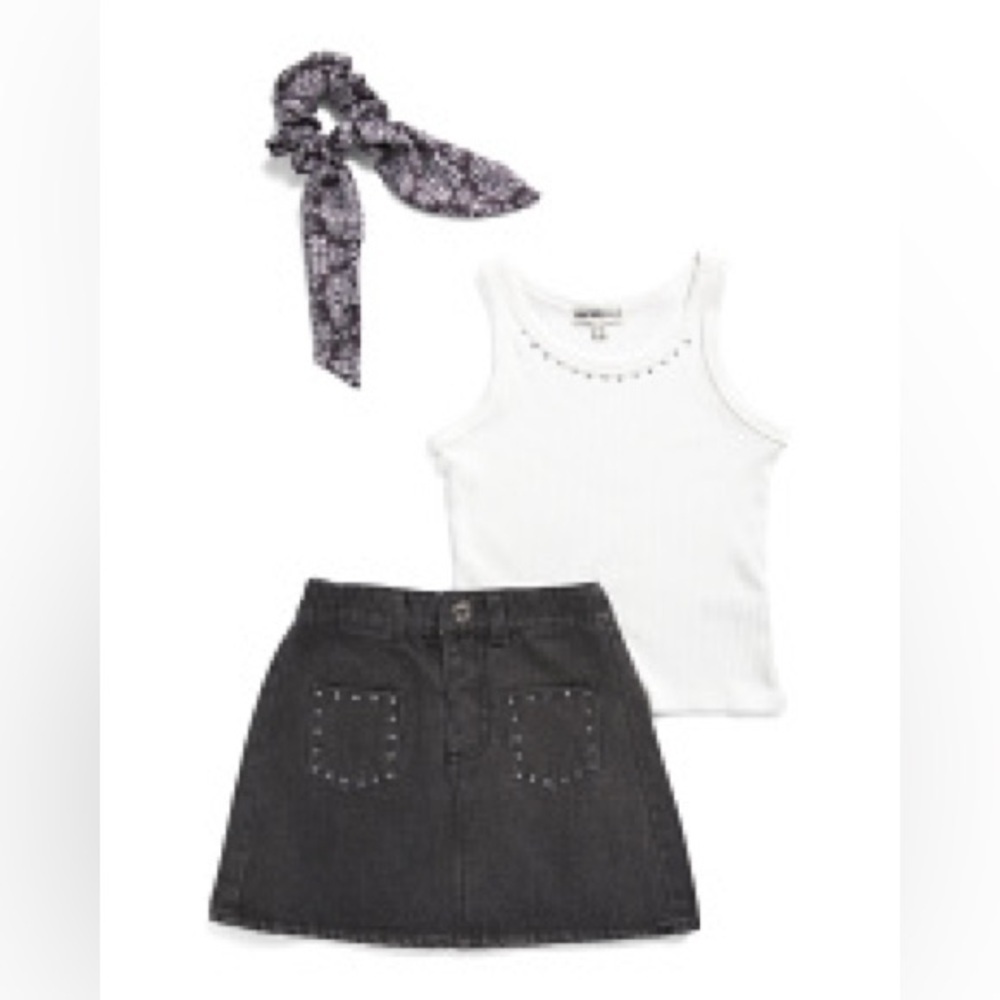 kensie girl 3 piece set w/ ribbed top, denim skirt & matching scrunchie